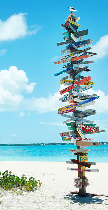 Tall Signpost On Beach Pointing To Other Global Locations