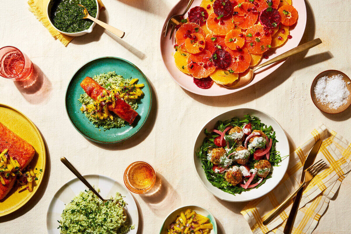 Photo of several dishes on table from top view