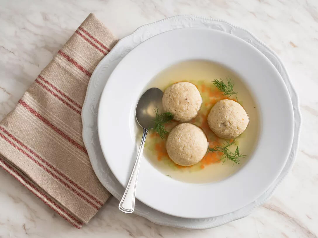 Overhead View Of Motza Ball Soup On Table